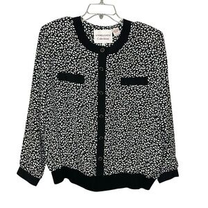 Andrea Gayle Black White Print Blouse Size XL Button Front Top